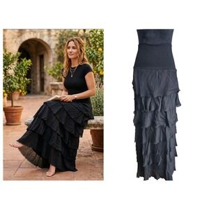Tiered Ruffle Maxi Skirt Womens Medium Black Silk Blend Boho Made in Italy
